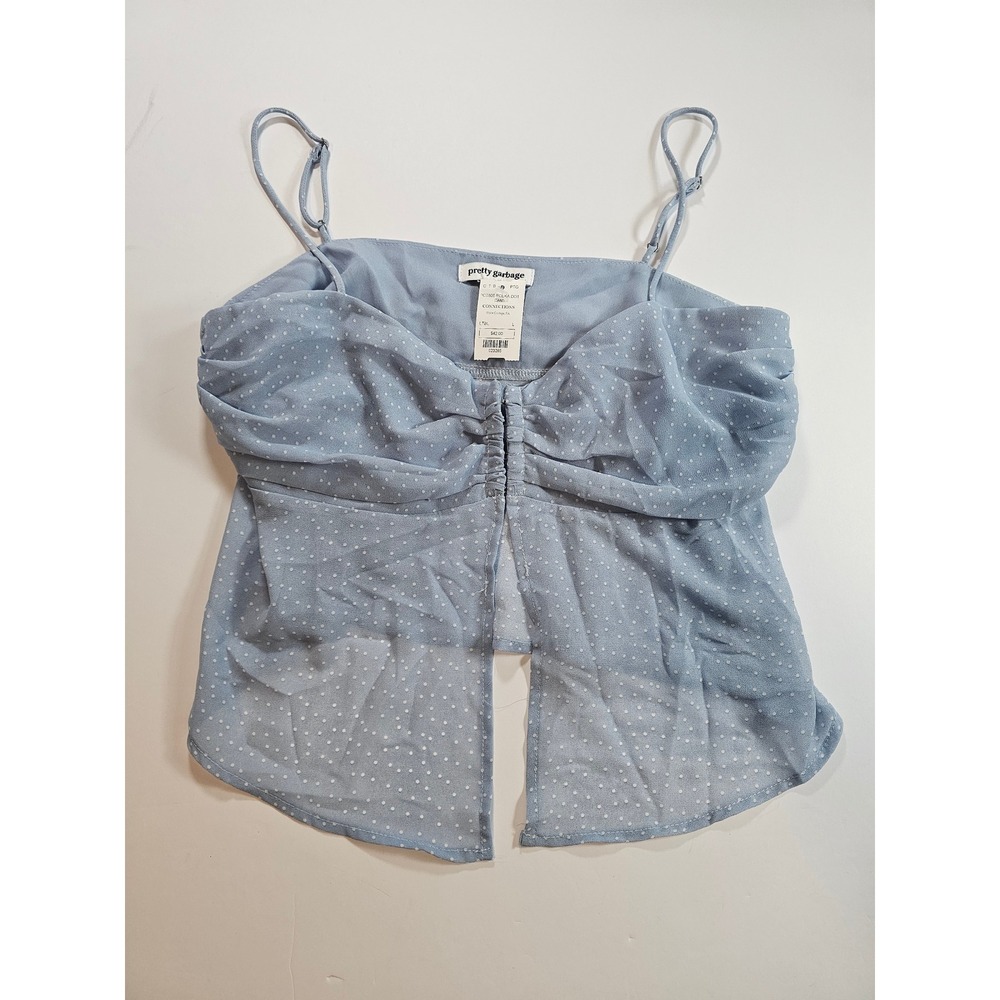 Pretty Garbage Cami Top Womens Large Blue Polka Dot Crop Y2K Split‎ Front